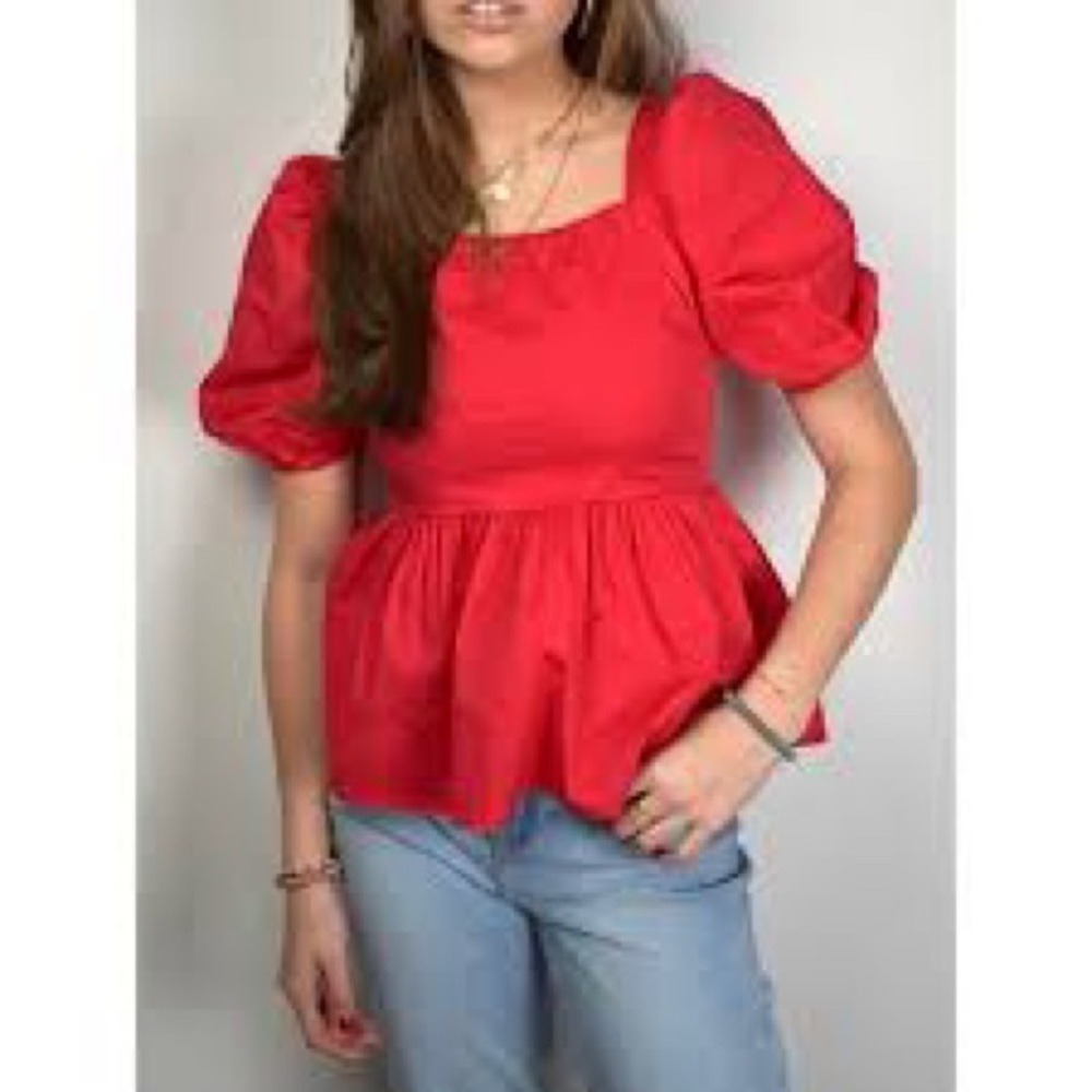 358 - Entro NWOT Red Puff Sleeve Blouse Relaxed Boxy Style, Size Medium